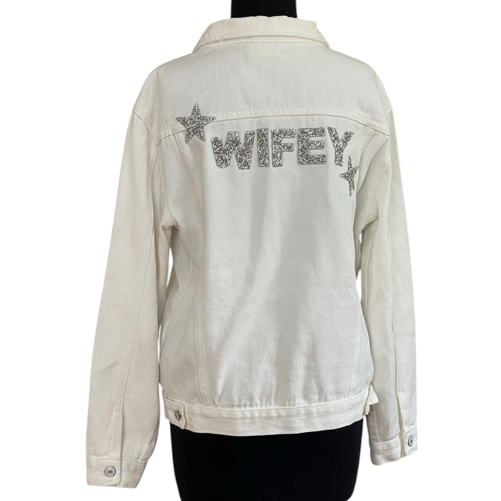 Wifey White Trucker Jacket by Event Blossom Sz L/XL Bride Jean Jacket Beaded